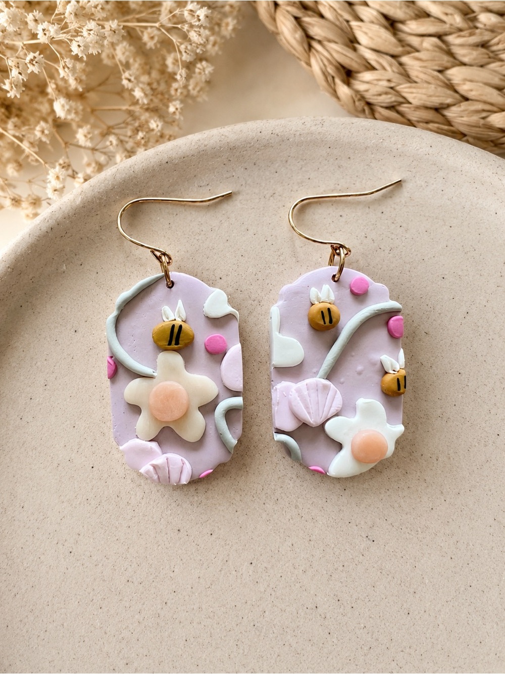 Handmade Pastel Lavender Floral Bee Polymer Clay Earrings